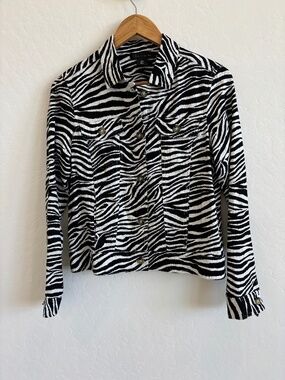 Tahari Zebra Print Linen Blend Cropped Button-Up Jacket - Size Small